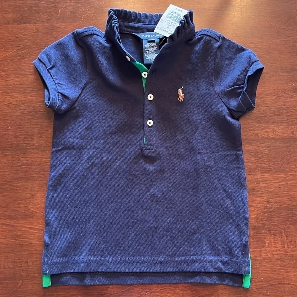 Brand New Polo Ralph Lauren Navy Blue Polo Shirt Ruffle Collar Embroidered Pony